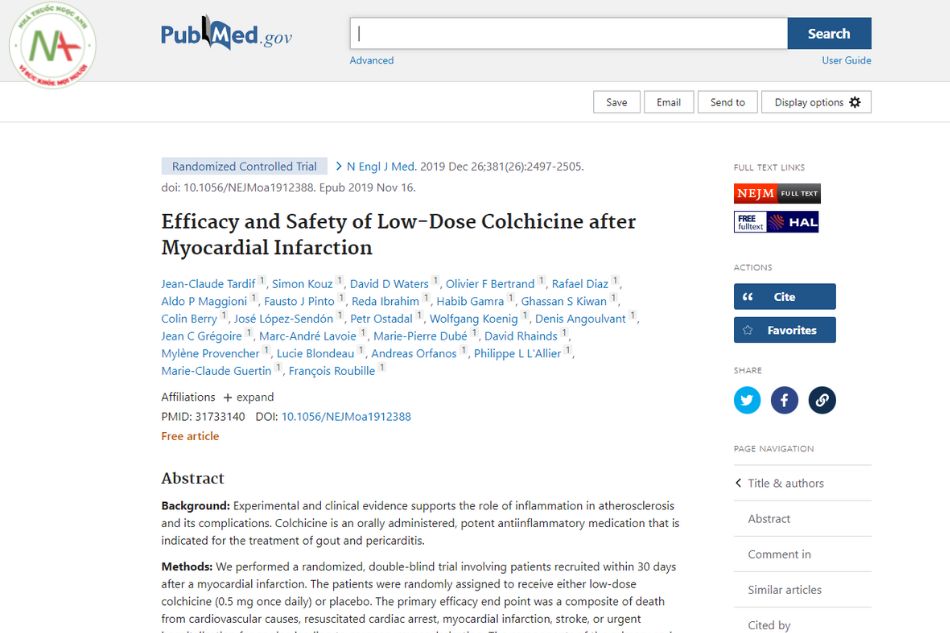 Efficacy and Safety of Low-Dose Colchicine after Myocardial Infarction