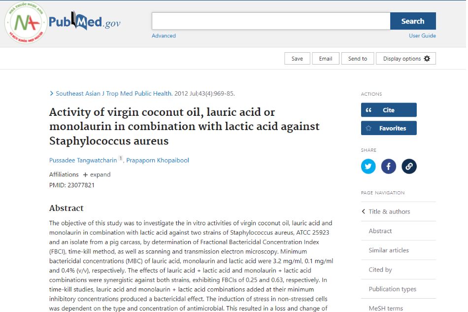 Activity of virgin coconut oil, lauric acid or monolaurin in combination with lactic acid against Staphylococcus aureus