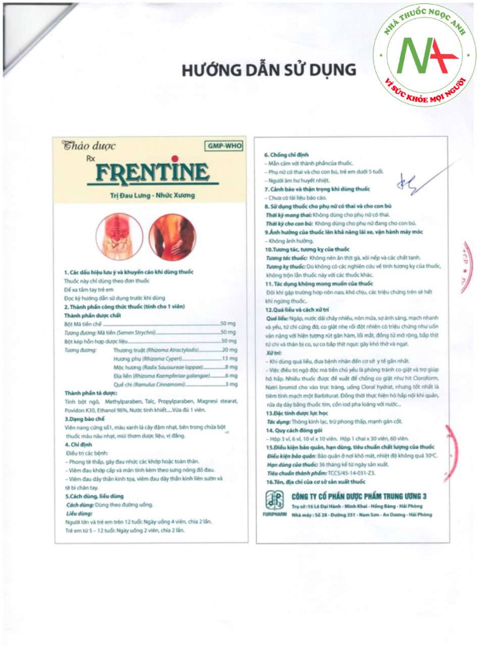 Tờ hướng dẫn sử dụng Frentine
