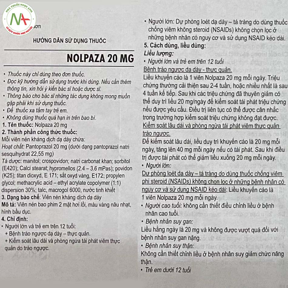 Hướng dẫn sử dụng thuốc Nolpaza 20mg