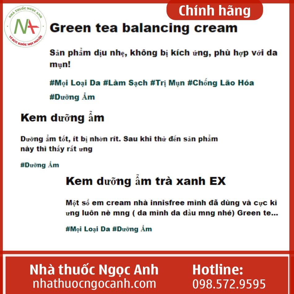 Reveiw của khách hàng khi dùng Innisfree Green Tea Balancing Cream EX