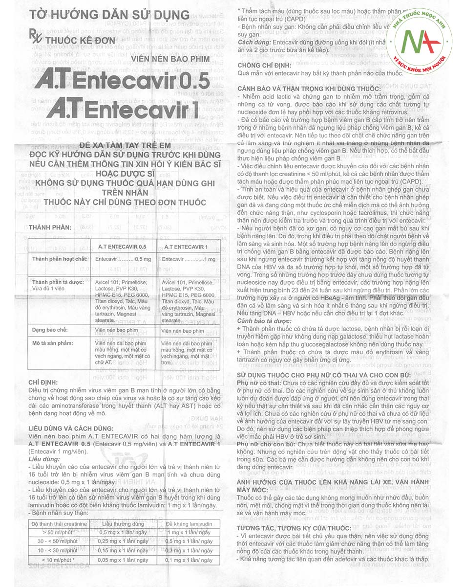 Hướng dẫn sử dụng thuốc A.T Entecavir 0.5