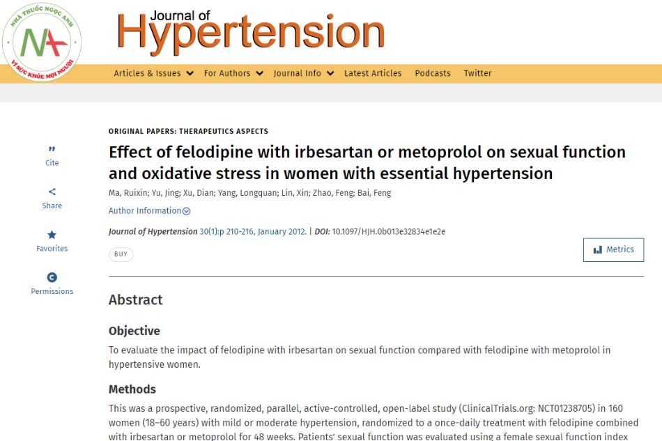 Effect of felodipine with irbesartan or metoprolol on sexual function and oxidative stress in women with essential hypertension