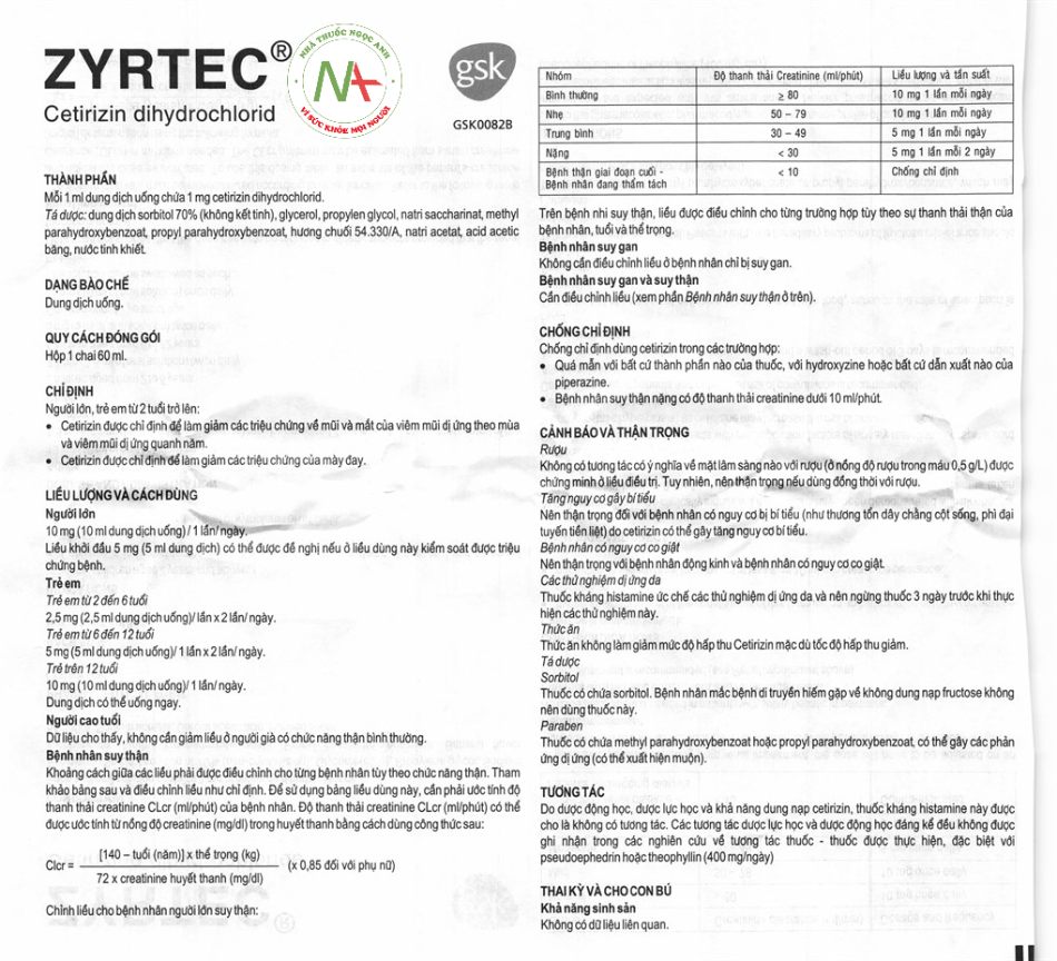 Hướng dẫn sử dụng Zyrtec 1mg/ml