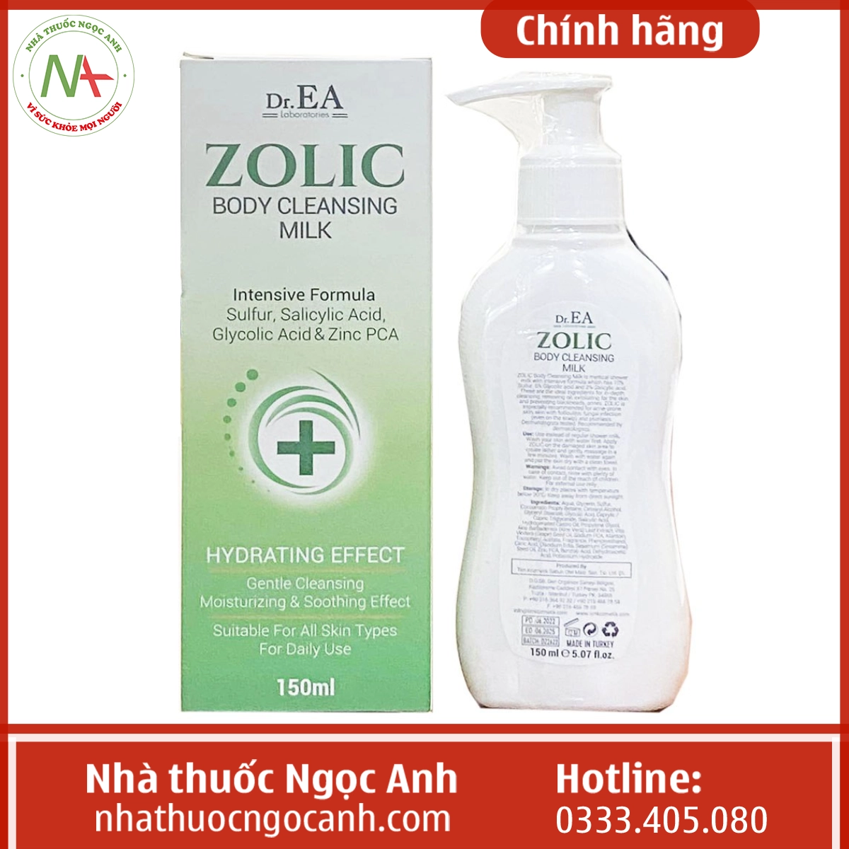 Hộp và chai Sữa tắm Dr.EA Body Zolic Body Cleansing Milk 150ml