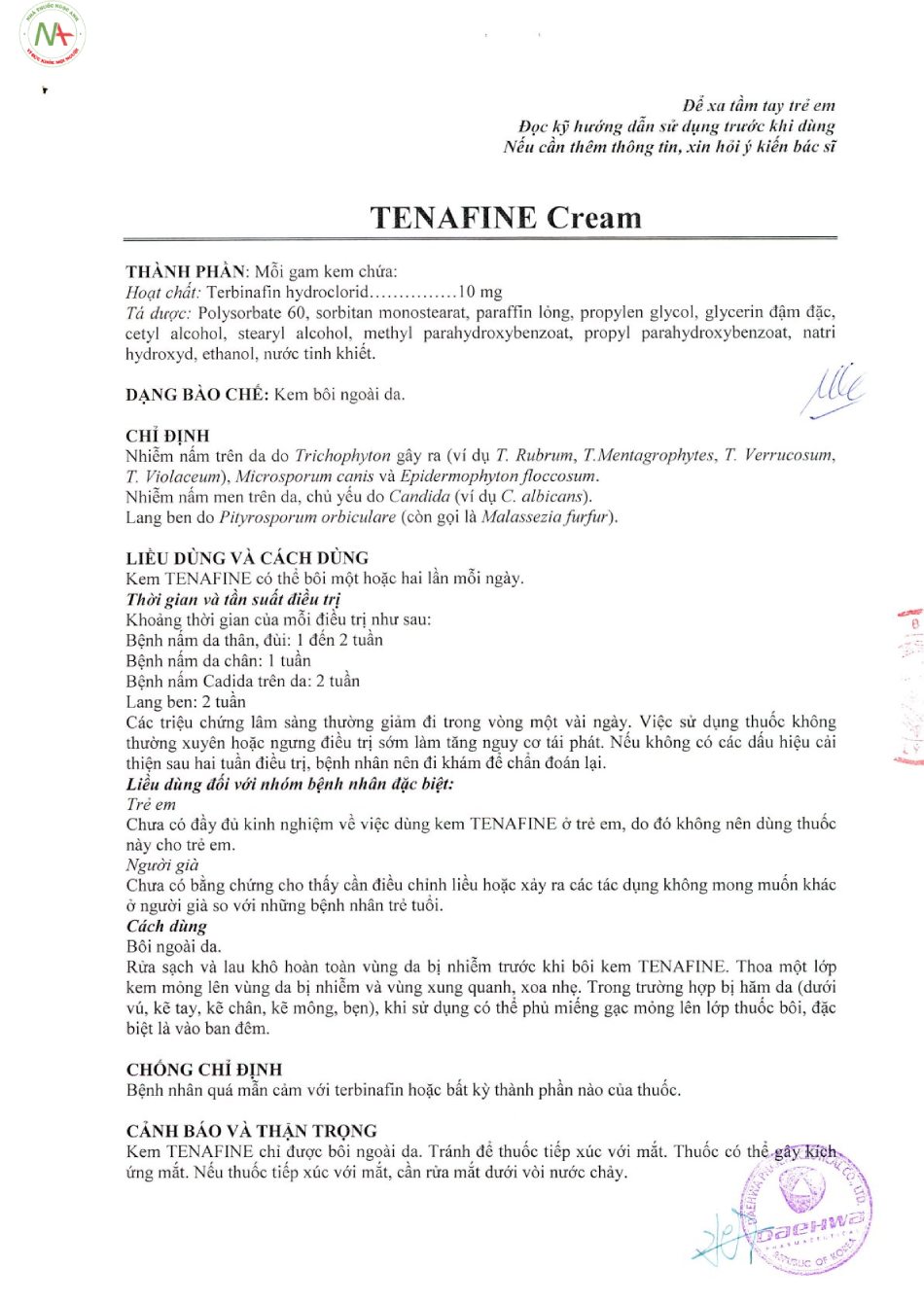 Hướng dẫn sử dụng thuốc Tenafine cream