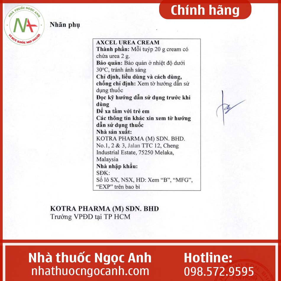 Nhãn thuốc Axcel Urea Cream