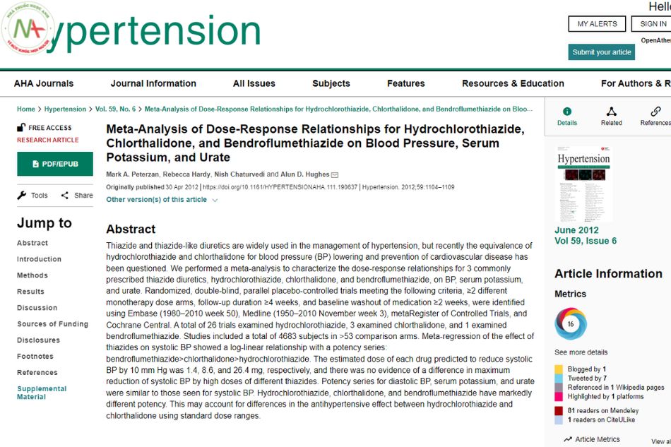 Meta-analysis of dose-response relationships for hydrochlorothiazide, chlorthalidone, and bendroflumethiazide on blood pressure, serum potassium, and urate