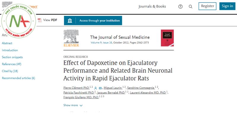Effect of dapoxetine on ejaculatory performance and related brain neuronal activity in rapid ejaculator rats. The journal of sexual medicine