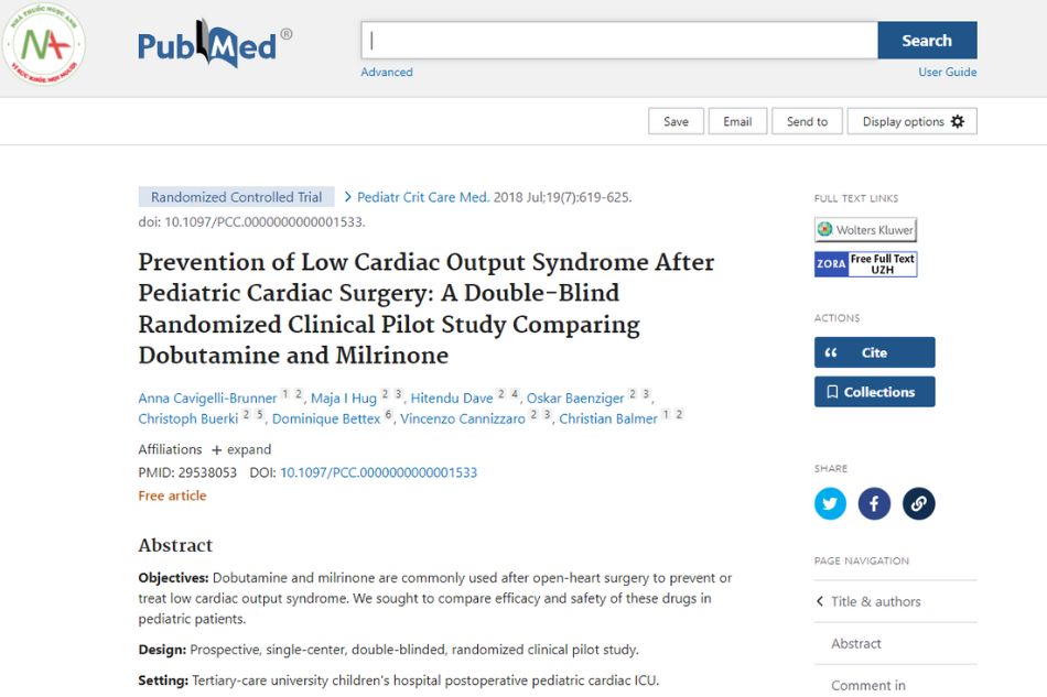 Prevention of Low Cardiac Output Syndrome After Pediatric Cardiac Surgery: A Double-Blind Randomized Clinical Pilot Study Comparing Dobutamine and Milrinone