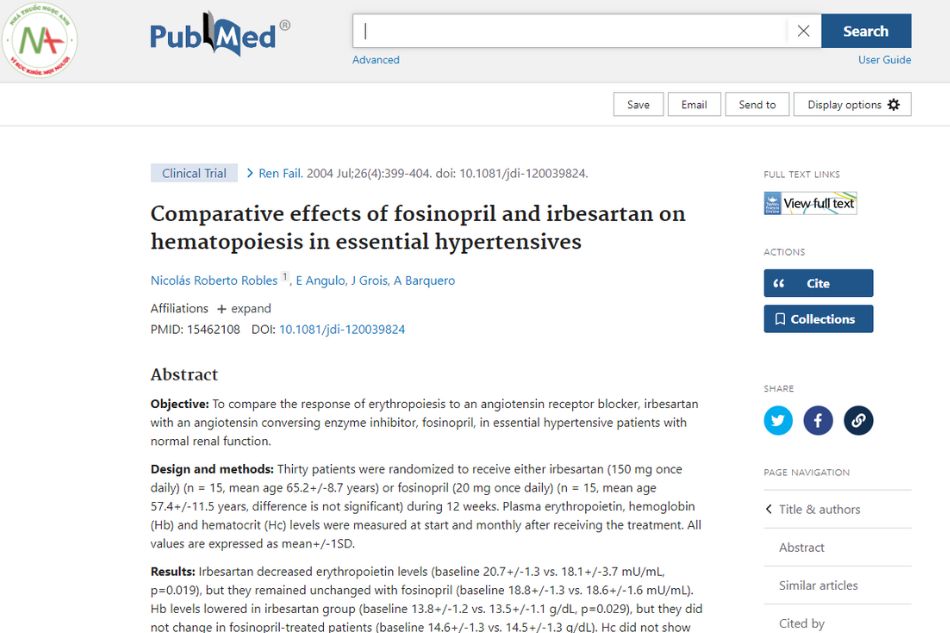 Comparative effects of fosinopril and irbesartan on hematopoiesis in essential hypertensives