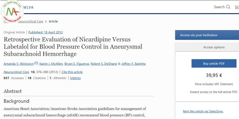 Retrospective evaluation of nicardipin versus labetalol for blood pressure control in aneurysmal subarachnoid hemorrhage
