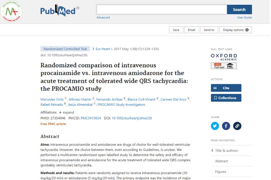 Randomized comparison of intravenous procainamide vs. intravenous amiodarone for the acute treatment of tolerated wide QRS tachycardia: the PROCAMIO study.
