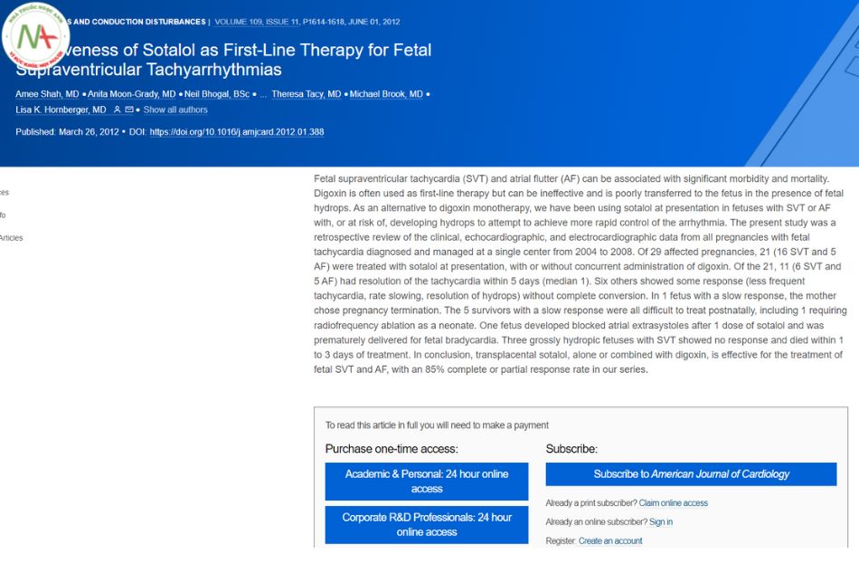 Effectiveness of sotalol as first-line therapy for fetal supraventricular tachyarrhythmias