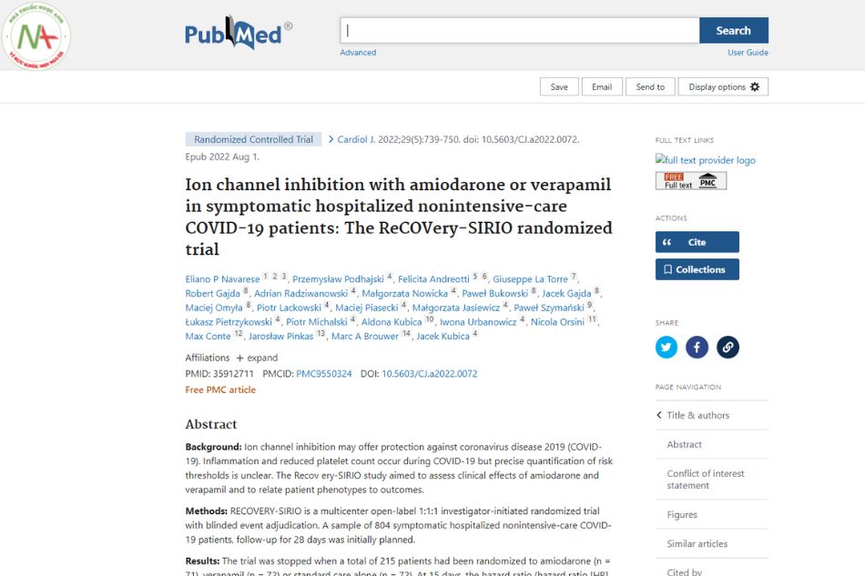 Ion channel inhibition with amiodarone or verapamil in symptomatic hospitalized nonintensive-care COVID-19 patients: The ReCOVery-SIRIO randomized trial