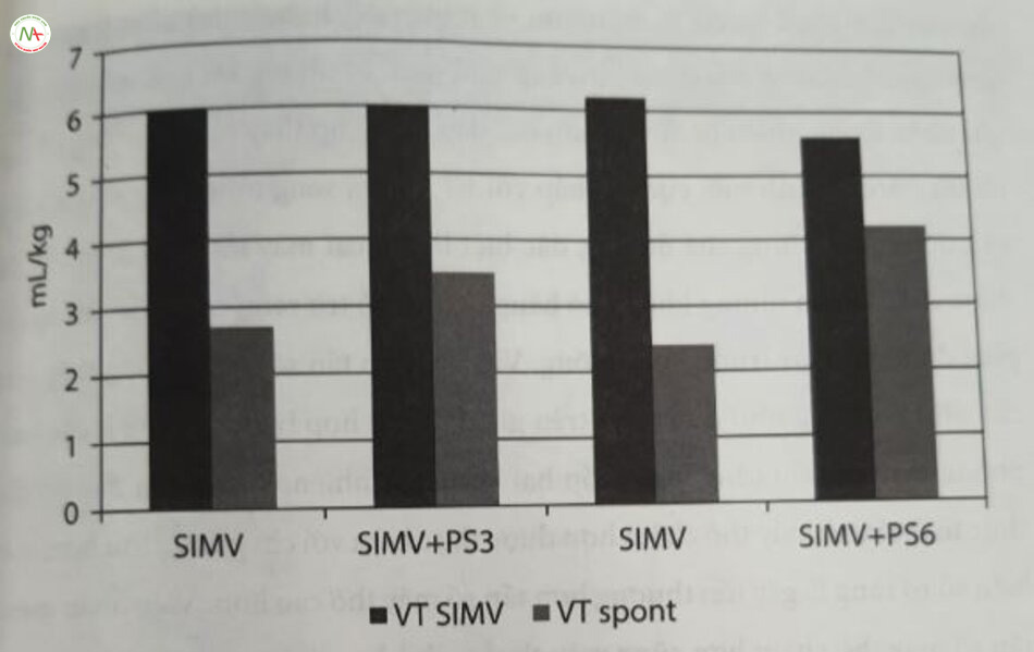 Hình 20.13 Ảnh hưởng của việc bổ sung hỗ trợ áp lực (P5) trong quá trình thống khi bắt buộc ngắt quãng đồng bỏ (SIMV) đối với thể tích khi lưu thông (VT). Hình và dựa trên dữ liệu từ Osorio và cộng sự. Lưu ý Ở những trẻ nhỏ nay, trong giai đoạn phục hồi của hội chứng suy hô hấp trên SIMV không có PS, V, từ phát bằng hoặc nhỏ hơn khoảng chết giải phẫu và khoảng chết dung cu khoảng 3 mL/kg (cốt màu xám, trong khi bom phòng của máy thời là khoảng 5 mL/kg (cốt màu đen). Việc bổ sung 3 cm H C của PS làm tầng Vụ tư phát một chút (nhóm cột thu hai). Khi trẻ về đường cơ sở của SIMV đơn lẻ, Vị tự phát lại trở nên không đầy đủ (nhóm cột thu ba). Việc bổ sung 6 cm H O của PS đã làm tăng VT từ phát đến giá trị sinh lý thích hợp, cho phép VT của may thế giảm nhẹ (hai cột cuối cùng trên hình). Cái đặt PS cho từng bệnh nhân nên được hướng dẫn bởi VT mà nó đạt được, với 4 ml/kg là mục tiêu hợp lý.
