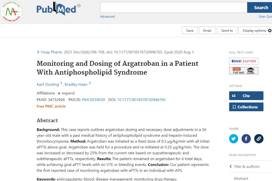 Argatroban Dosing and Monitoring in Patients with Antiphospholipid Syndrome