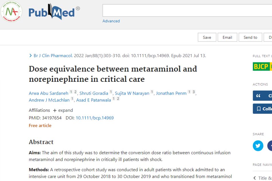 Dose equivalence between metaraminol and norepinephrine in critical care