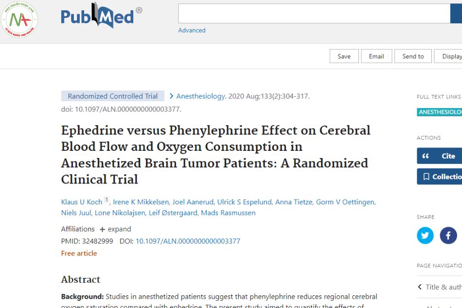 Effects of ephedrine versus phenylephrine on cerebral blood flow and oxygen consumption in anesthetized brain tumor patients: A randomized clinical trial