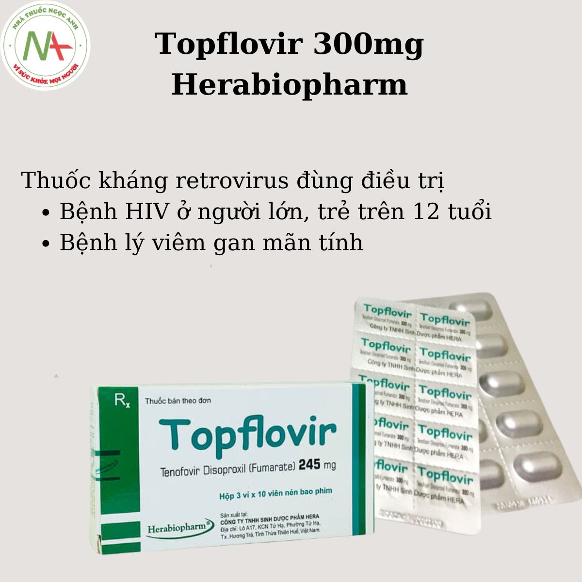 Thuốc Topflovir 300mg Herabiopharm điều trị HIV và viêm gan do nhiều nguyên nhân