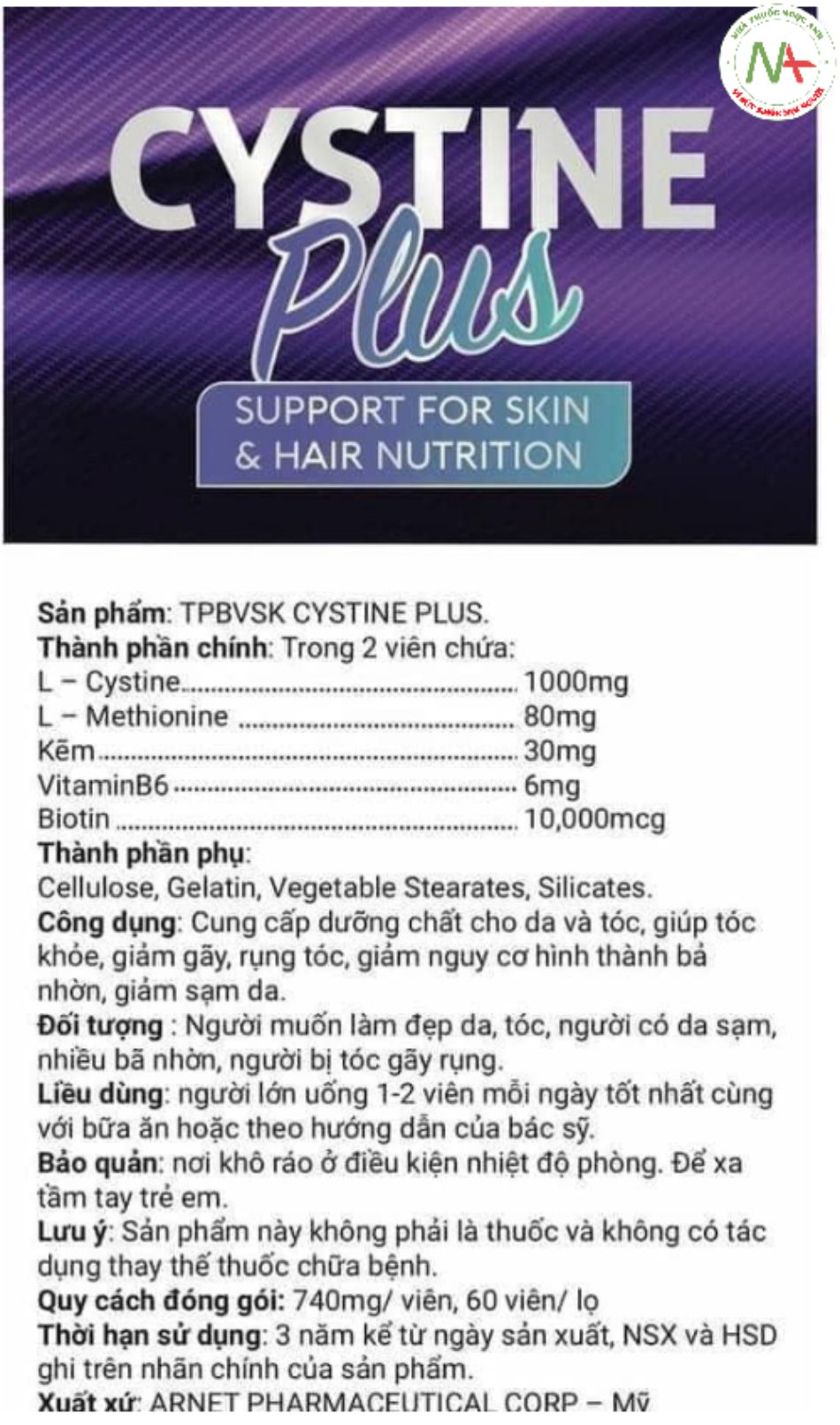 Tờ hướng dẫn sử dụng Cystine Plus
