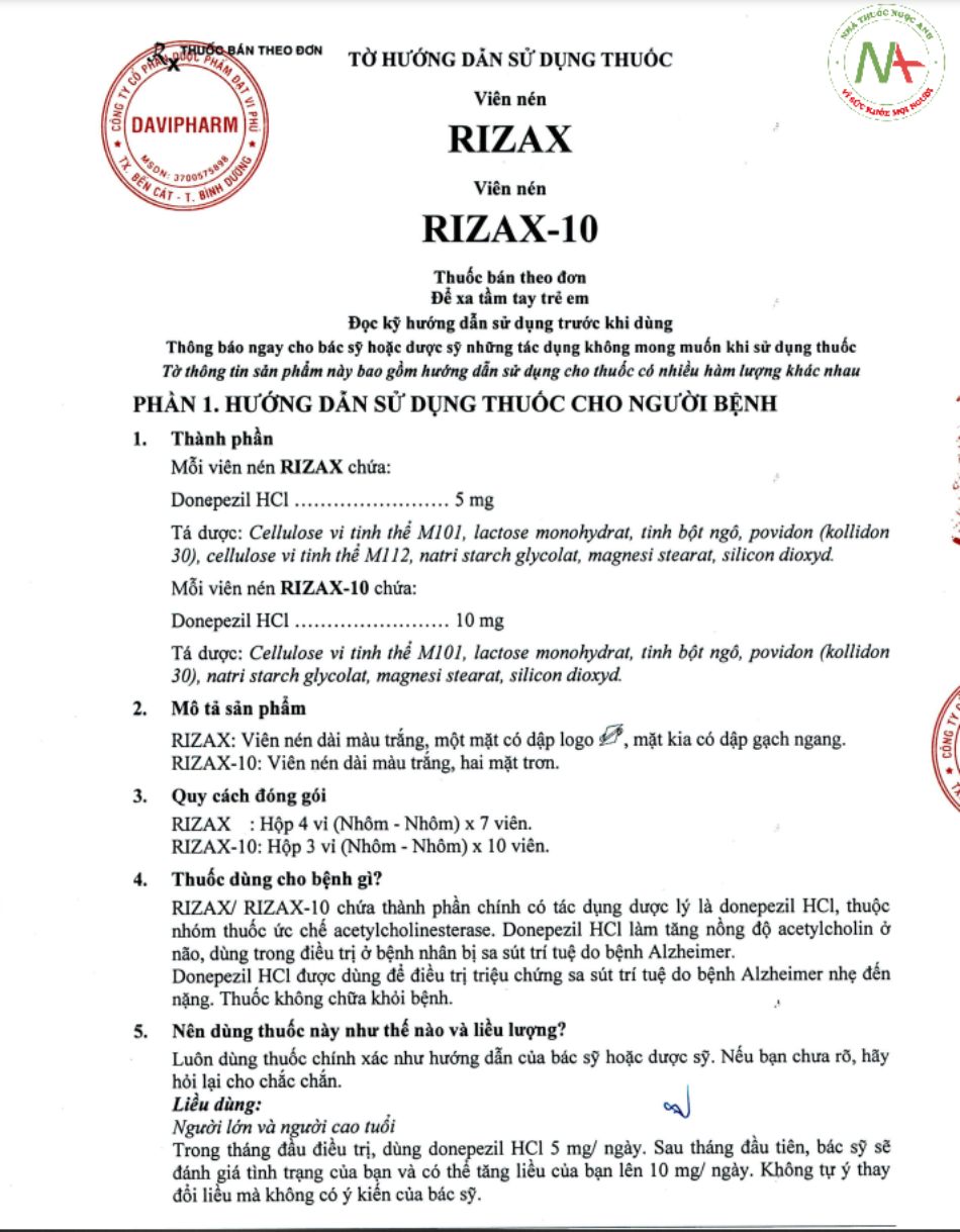Tờ hướng dẫn sử dụng Rizax 5mg