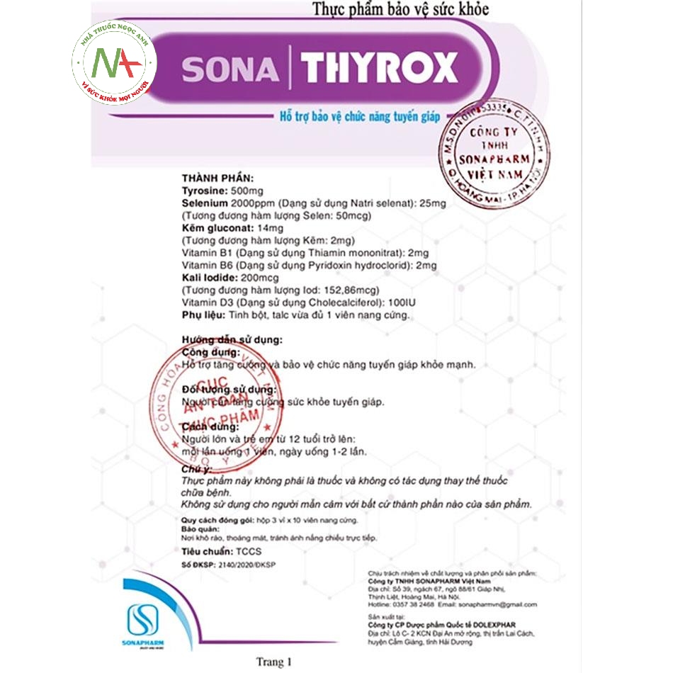 Tờ hướng dẫn sử dụng Sona Thyrox