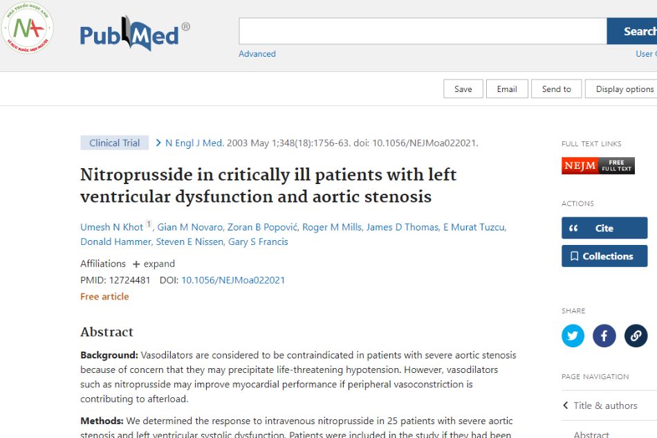 Nitroprusside in critically ill patients with left ventricular dysfunction and aortic stenosis