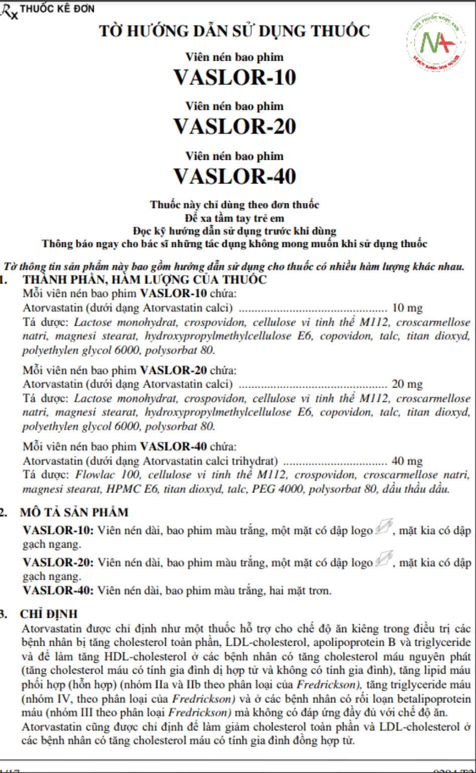 Hướng dẫn sử dụng Vaslor 20mg