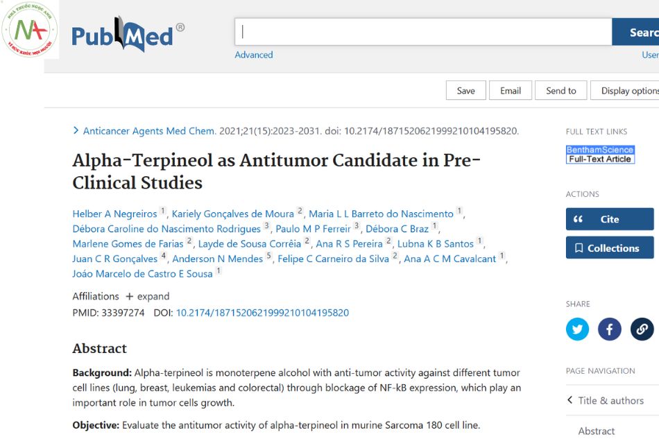 Alpha-Terpineol as Antitumor Candidate in Pre-Clinical Studies