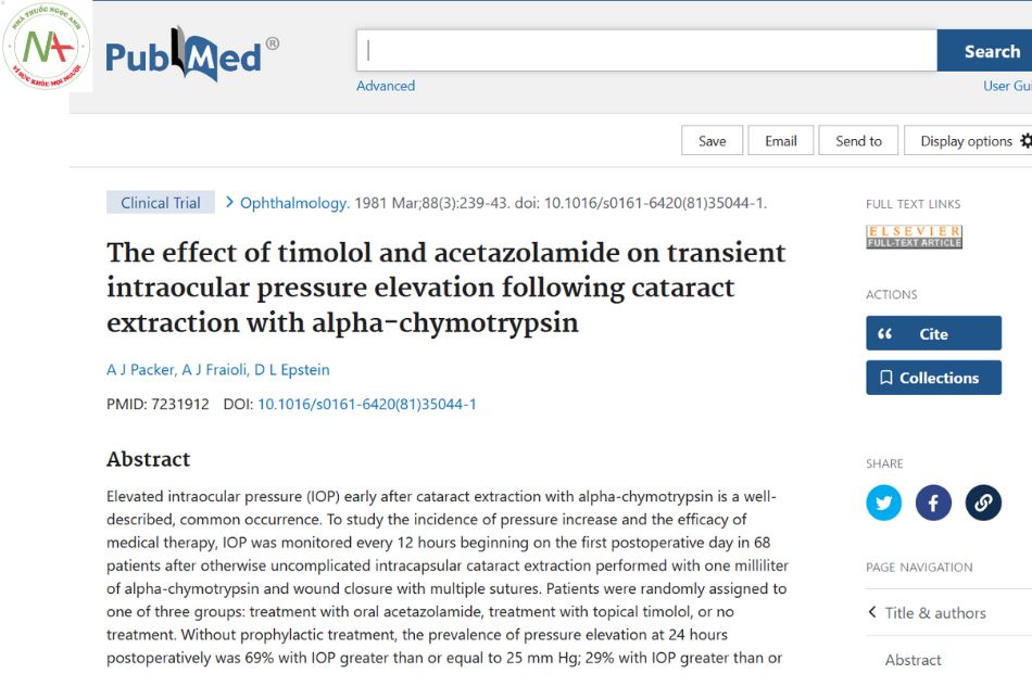 The effect of timolol and acetazolamide on transient intraocular pressure elevation following cataract extraction with alpha-chymotrypsin