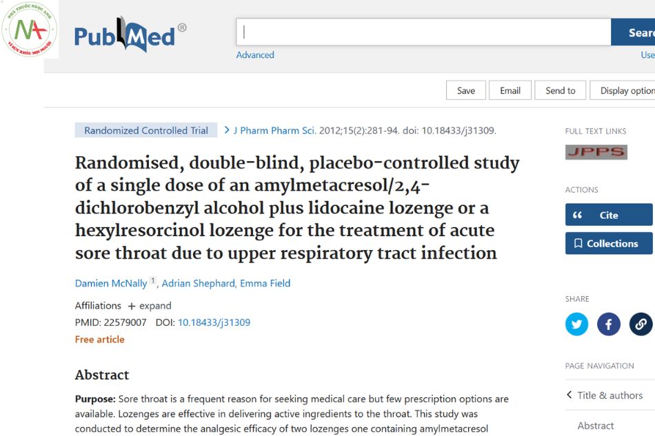 Randomised, double-blind, placebo-controlled study of a single dose of an amylmetacresol/2,4-dichlorobenzyl alcohol plus lidocaine lozenge or a hexylresorcinol lozenge for the treatment of acute sore throat due to upper respiratory tract infection