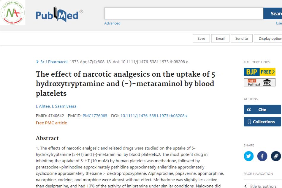 Effect of narcotic analgesics on the absorption of 5-hydroxytryptamine and (-)-metaraminol in blood platelets