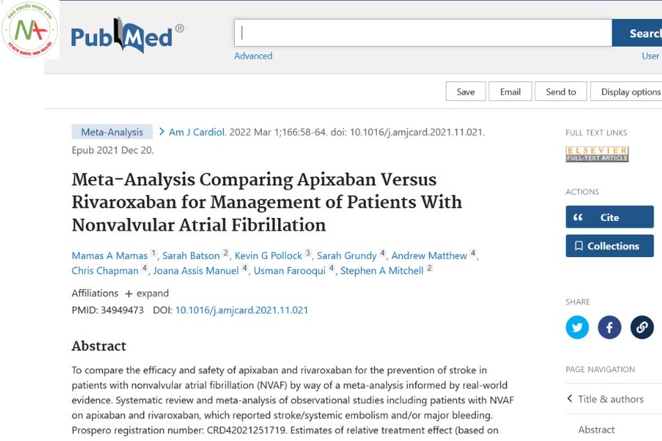 Meta-Analysis Comparing Apixaban Versus Rivaroxaban for Management of Patients With Nonvalvular Atrial Fibrillation