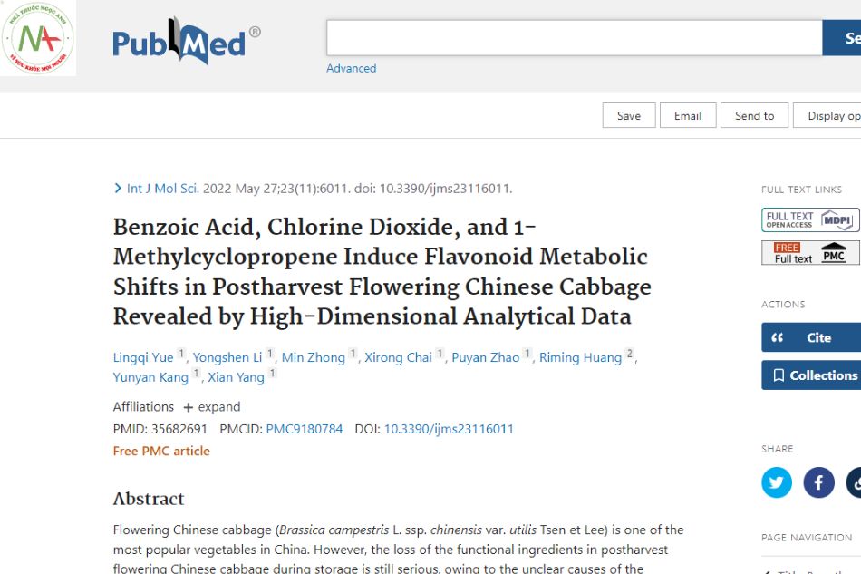 Benzoic acid, Chlorine Dioxide and 1-Methylcyclopropene induce changes in flavonoid metabolism in postharvest flowering Chinese cabbage as revealed by dimensional analysis data.