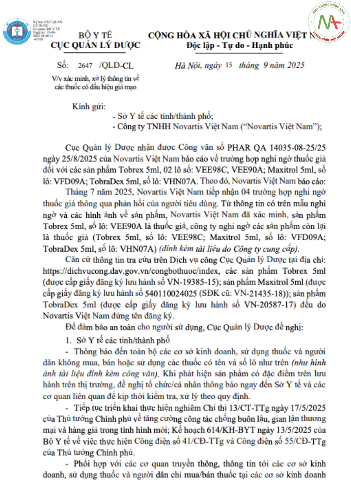 Công văn số 2647_QLD-CL