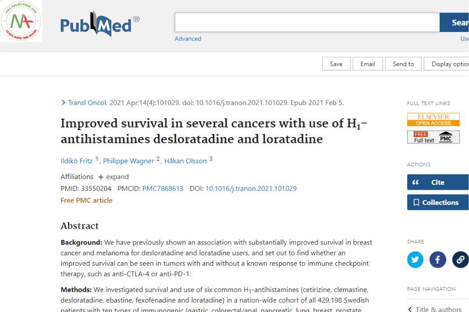 Improvement of survival rates in some cancers using H1-antihistamines desloratadine and loratadine