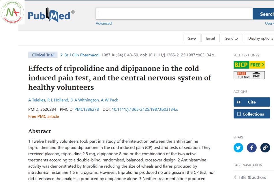 Effects of triprolidine and dipipanone in the cold induced pain test, and the central nervous system of healthy volunteers