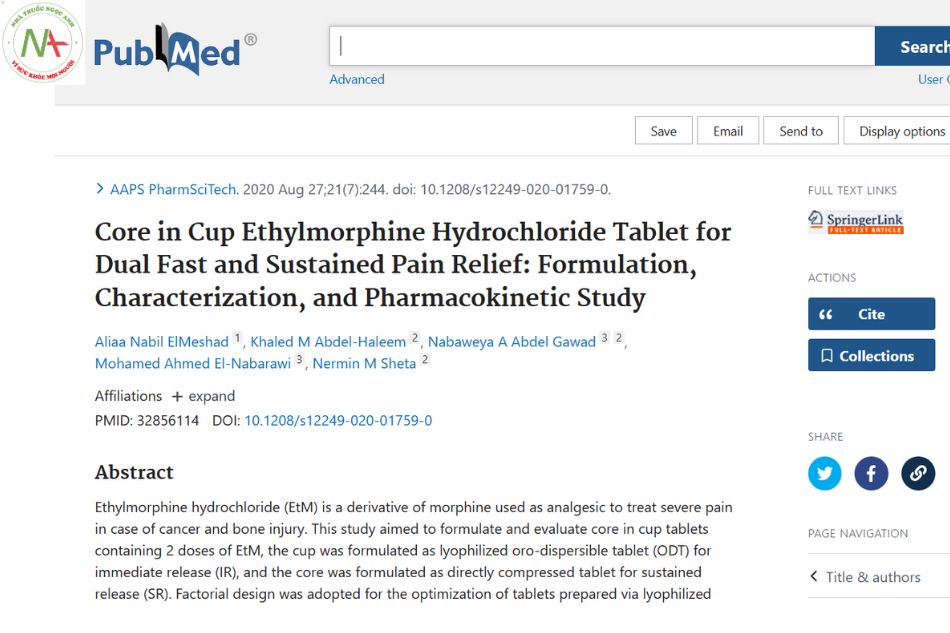 Core in Cup Ethylmorphine Hydrochloride Tablet for Dual Fast and Sustained Pain Relief: Formulation, Characterization, and Pharmacokinetic Study