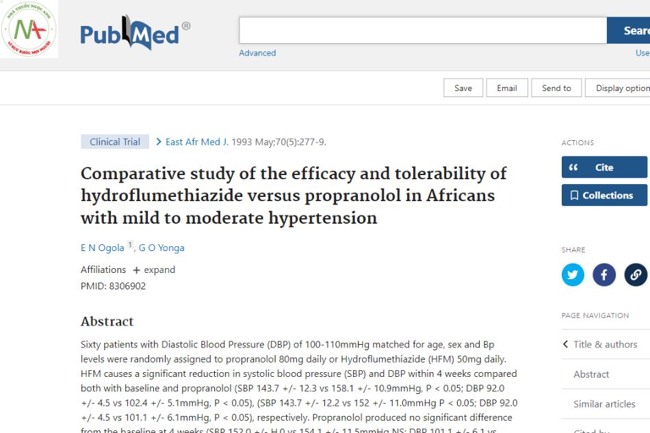 Comparative study of the efficacy and tolerability of hydroflumethiazide versus propranolol in Africans with mild to moderate hypertension.