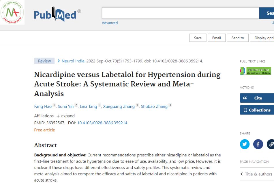 Nicardipine versus labetalol for the treatment of hypertension in acute stroke: A systematic review and meta-analysis.