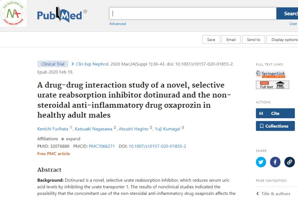 A drug-drug interaction study of a new, selective urate reuptake inhibitor dotinurad and the nonsteroidal anti-inflammatory drug oxaprozin in healthy adult men.