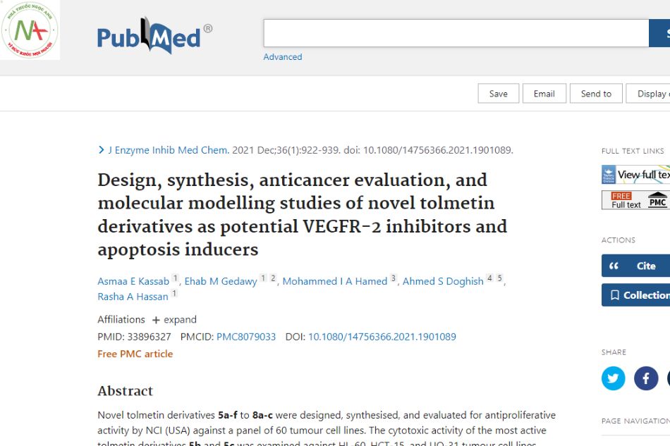 Study on design, synthesis, anticancer agent evaluation and molecular modeling of novel tolmetin derivatives as potential VEGFR-2 inhibitors and inducers of apoptosis