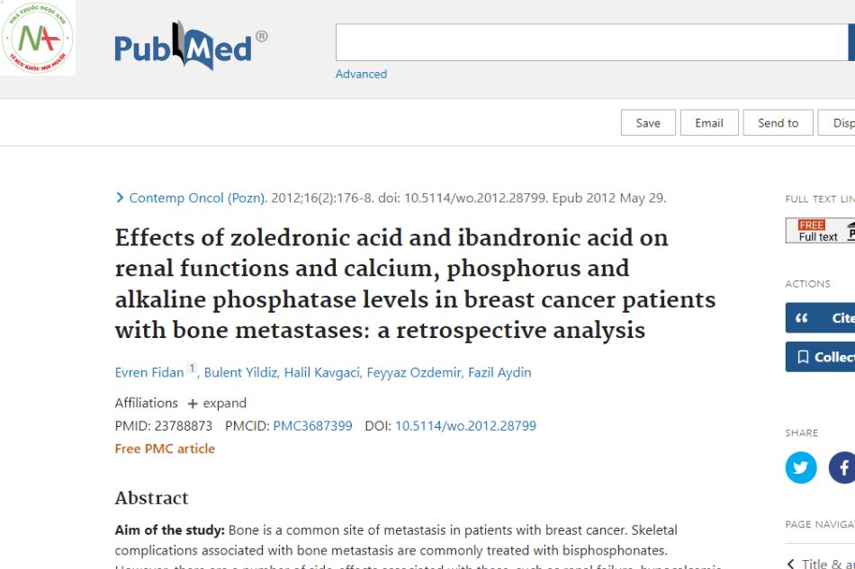 Effect of zoledronic acid and ibandronic acid on renal function and calcium, phosphorus and alkaline phosphatase levels in patients with bone metastatic breast cancer: a retrospective analysis.