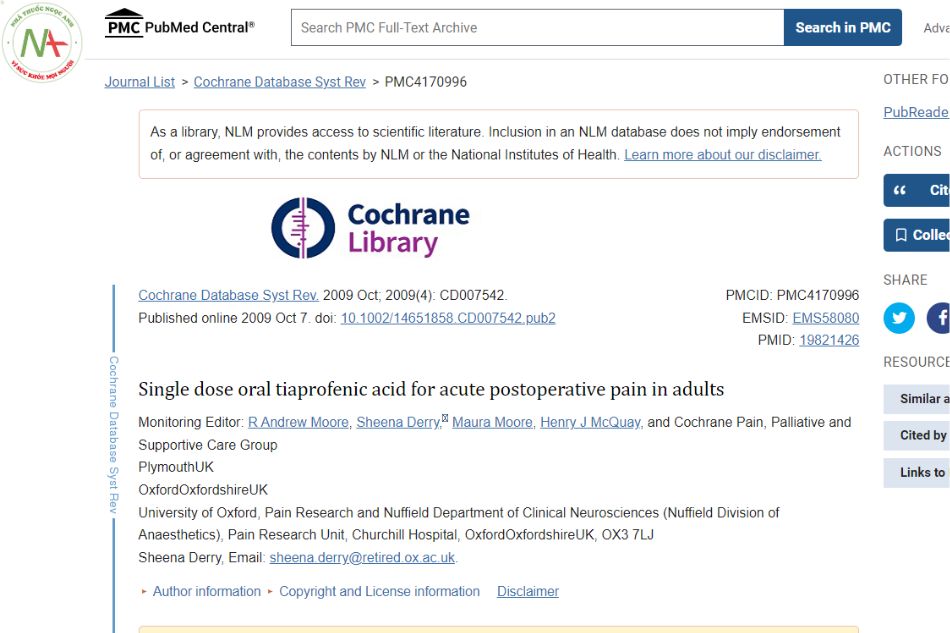 Single dose oral tiaprofenic acid for acute postoperative pain in adults