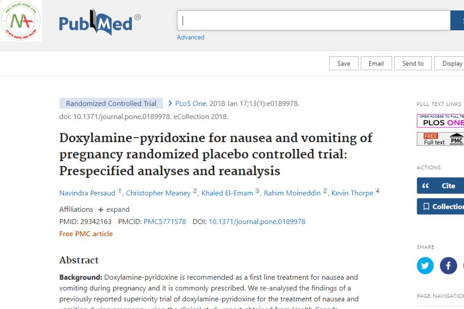 Doxylamine-pyridoxine for the treatment of nausea and vomiting in a randomized placebo-controlled trial in pregnancy: Pre-indicated analysis and reanalysis.