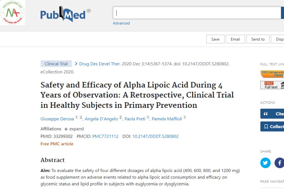 Safety and efficacy of Alpha Lipoic Acid during 4 years of follow-up: A retrospective clinical trial in healthy subjects in the primary room