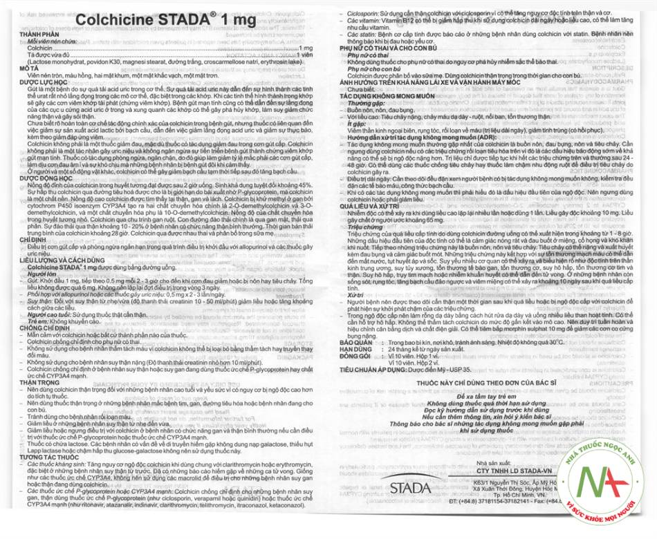 Tờ hướng dẫn sử dụng thuốc Colchicine Stella 1mg.