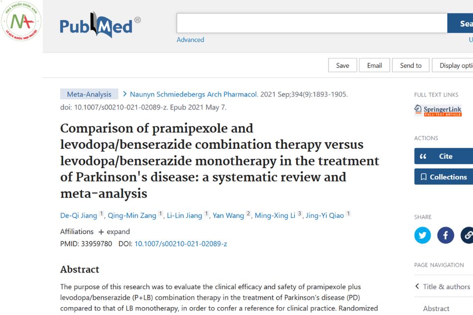 Comparison of pramipexole and levodopa/benserazide combination therapy versus levodopa/benserazide monotherapy in the treatment of Parkinson's disease: a systematic review and meta-analysis