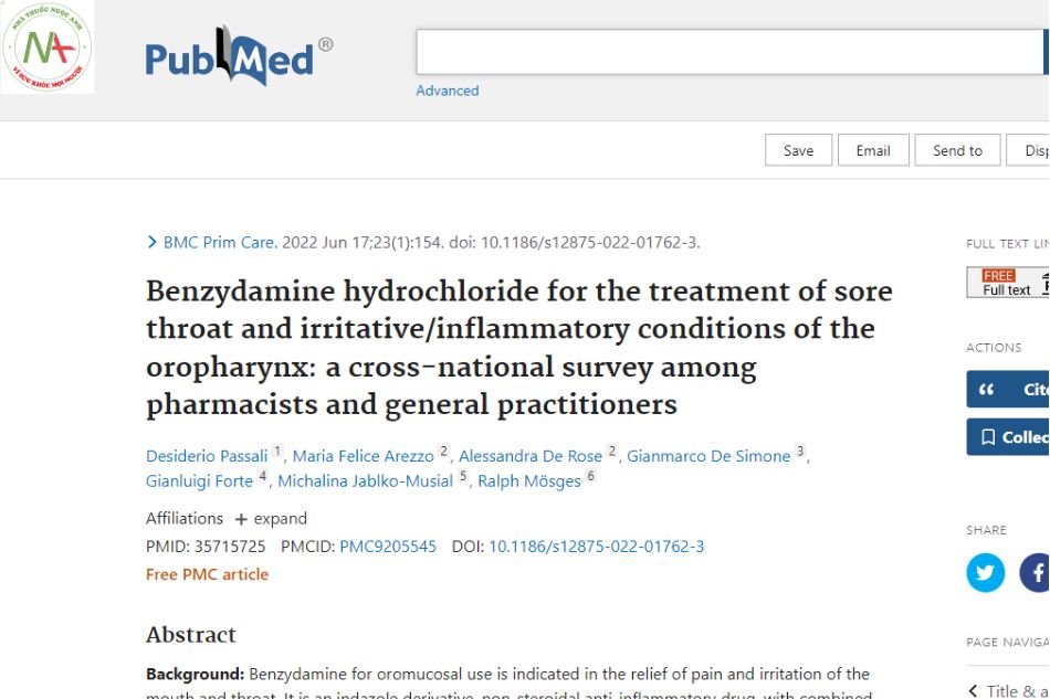 Benzydamine hydrochloride in the treatment of pharyngitis and oropharyngeal irritation/inflammation: a cross-country survey of pharmacists and general practitioners.